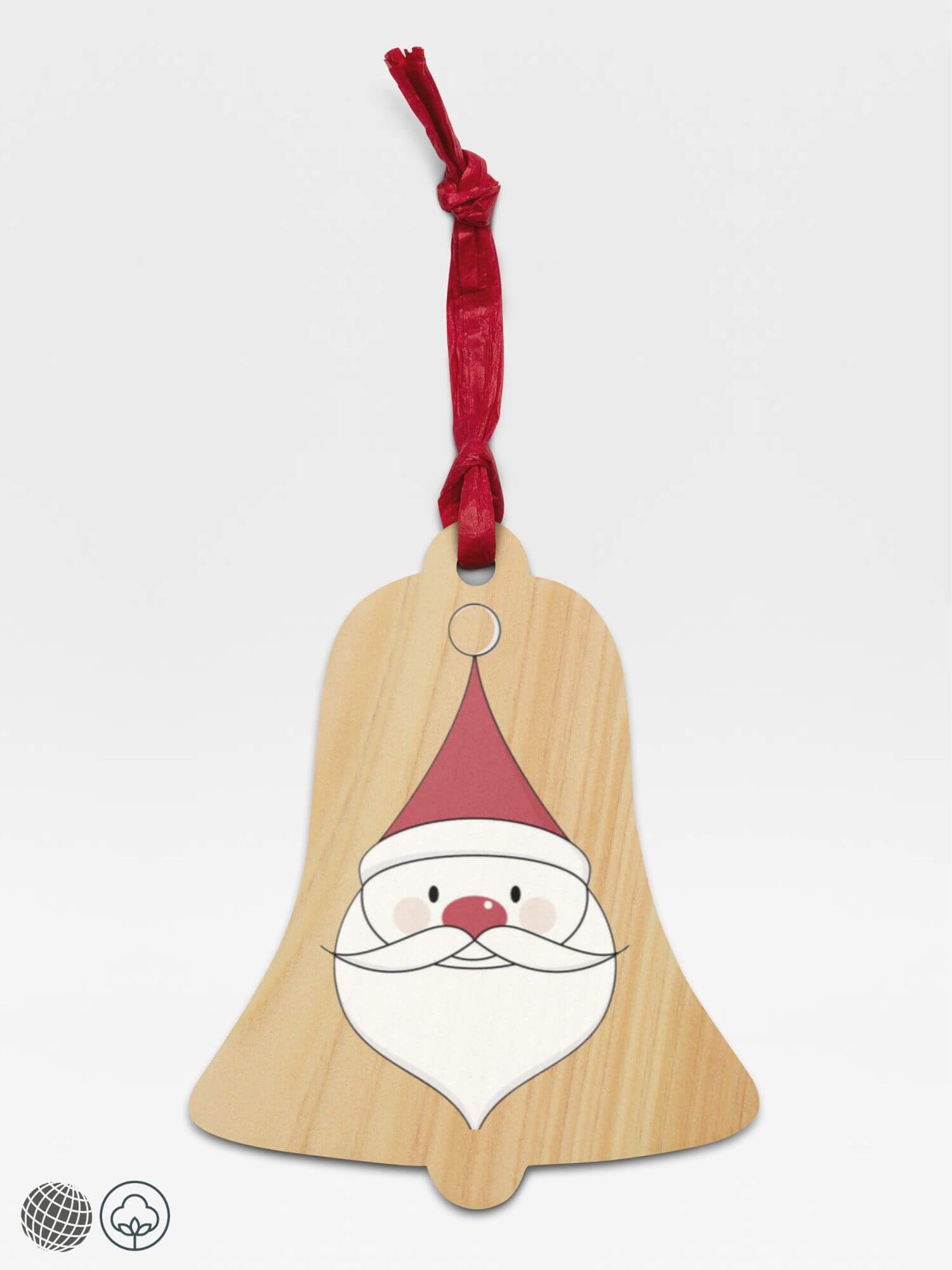 Santa Wooden Ornament   Festive Father Fr. Christmas Santa Claus Saint Nick Bell handcrafted Hinoki wood with paper ribbon and magnet Christmas holiday season trees refrigerator magnets hanging decorative home ornaments bells in natural color with black red white design