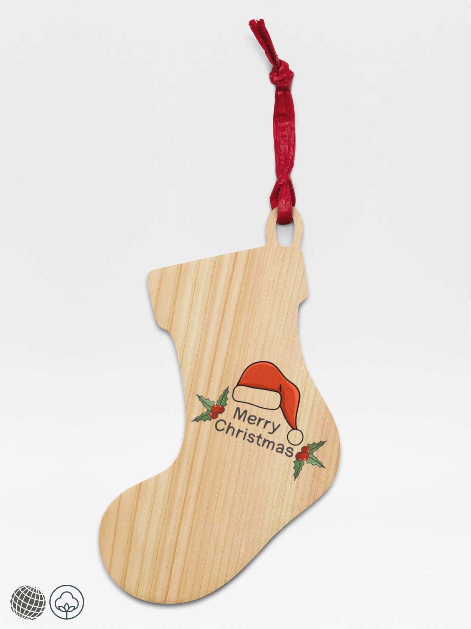 Wooden Stocking Ornament   Festive handcrafted Hinoki wood with paper ribbon and magnet Christmas holiday season trees refrigerator magnets hanging decorative home ornaments in natural color with red white  green black ink holly Santa hat Merry Christmas letter design