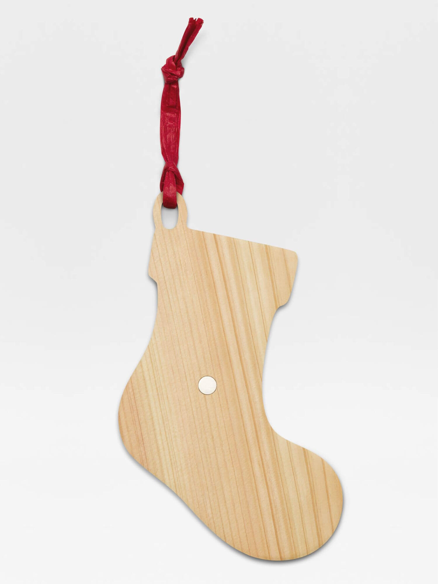 Wooden Stocking Ornament   Festive handcrafted Hinoki wood with paper ribbon and magnet Christmas holiday season trees refrigerator magnets hanging decorative home ornaments in natural color with red white  green black ink holly Santa hat Merry Christmas letter design