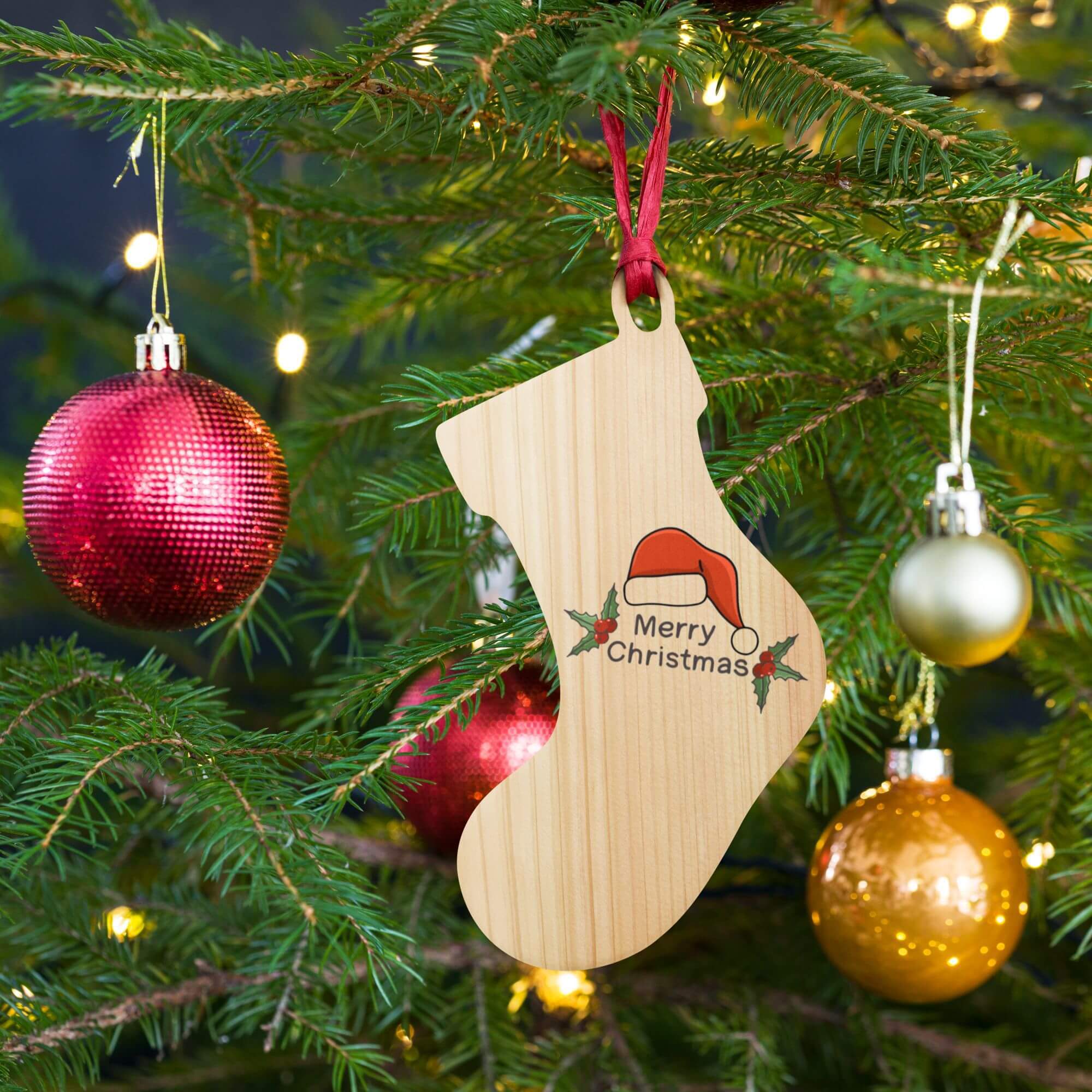 Wooden Stocking Ornament   Festive handcrafted Hinoki wood with paper ribbon and magnet Christmas holiday season trees refrigerator magnets hanging decorative home ornaments in natural color with red white  green black ink holly Santa hat Merry Christmas letter design