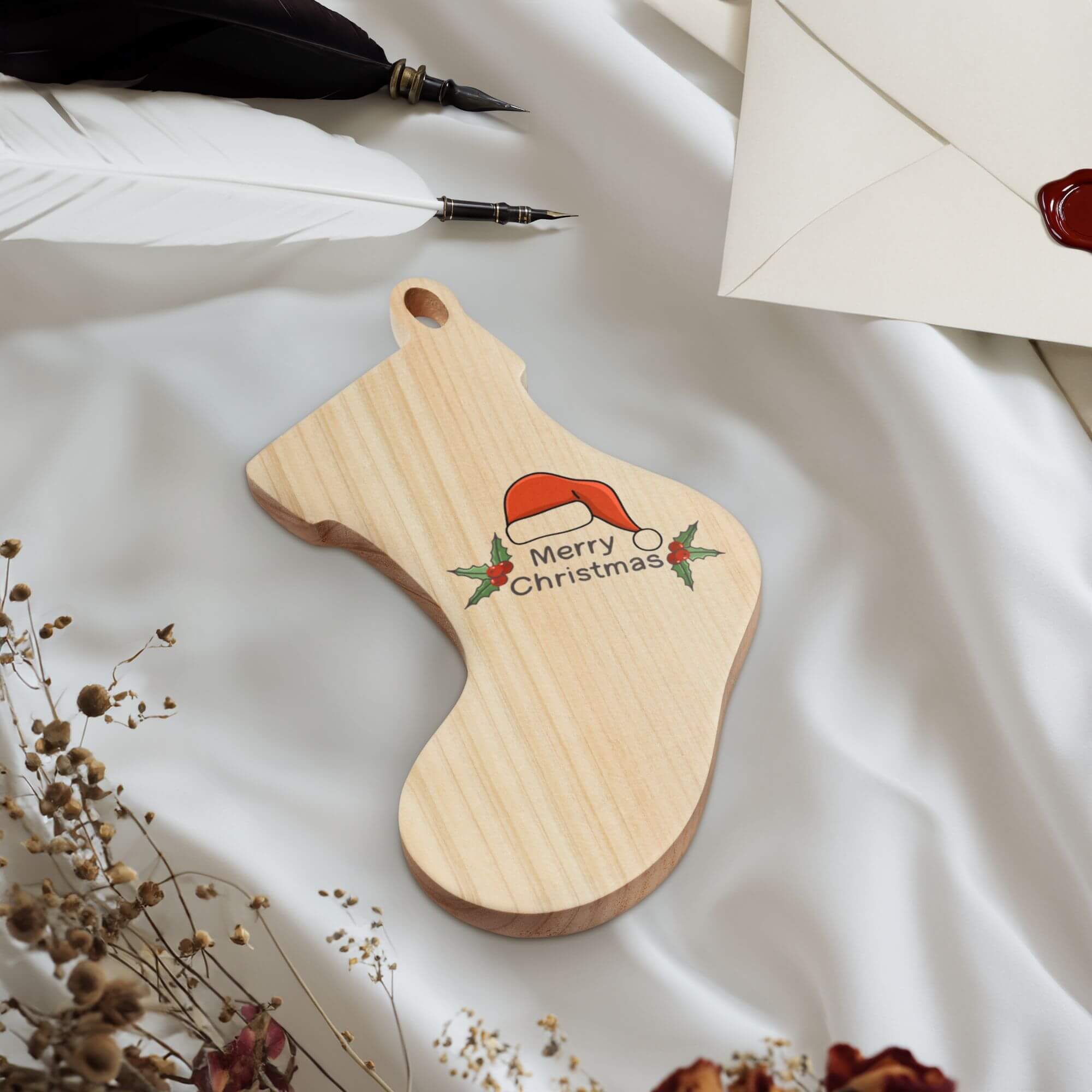 Wooden Stocking Ornament   Festive handcrafted Hinoki wood with paper ribbon and magnet Christmas holiday season trees refrigerator magnets hanging decorative home ornaments in natural color with red white  green black ink holly Santa hat Merry Christmas letter design