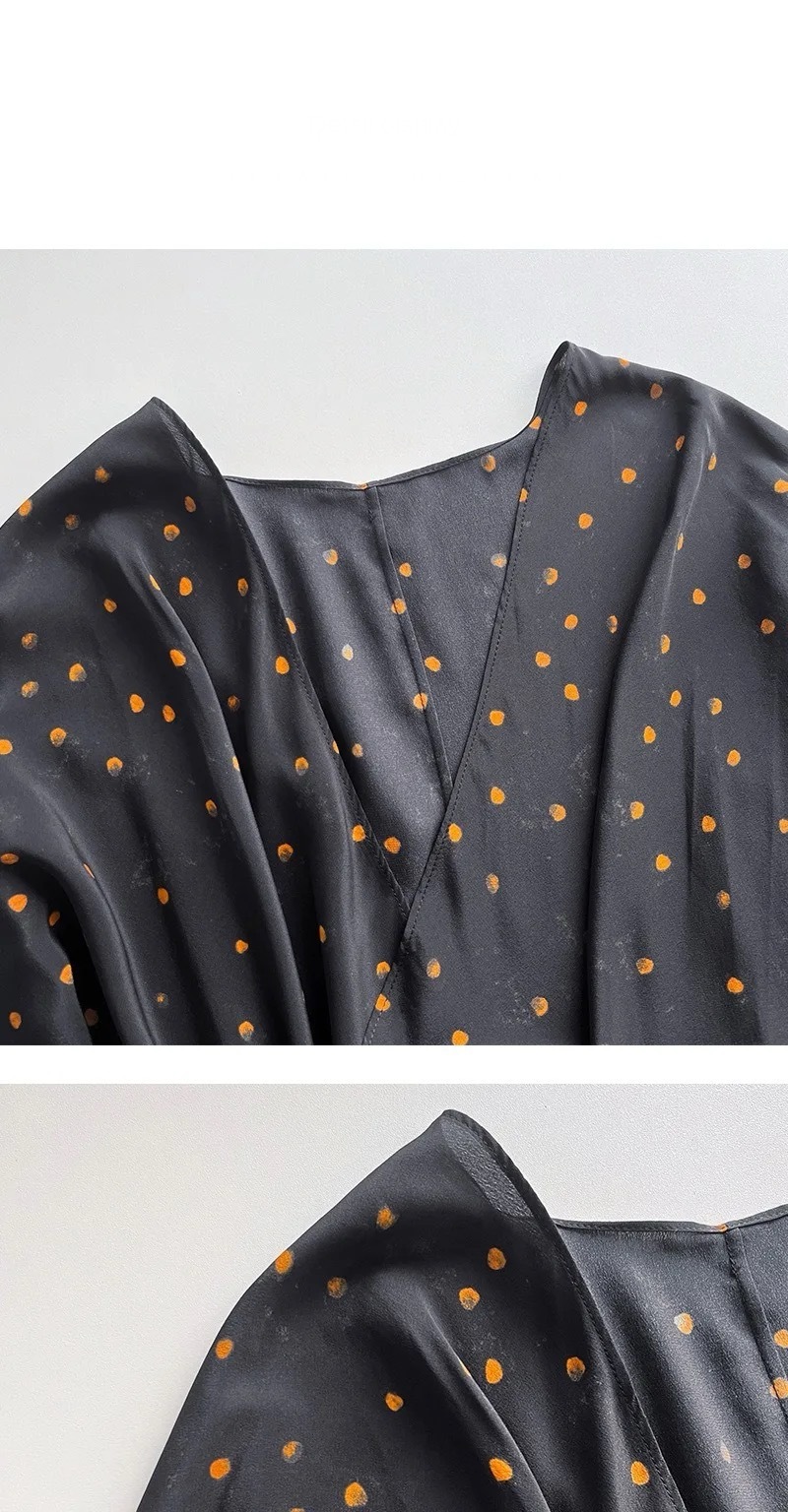 Polka Dot Silk Dress   Women’s Boho Mediterranean Series Cor Ambience Orange Printed Slim Waist Tie Tea Break half sleeves v-neck bohemian womens Skirts Bohemia Dresses for Woman in dark Gray grey