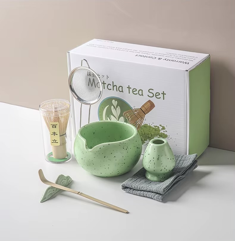 4-8pcs/set Ceramic Matcha Set Tea Bowl Traditional Japanese Tea Making Tools matcha tea-set tea whisk bamboo matcha brush sets in light green