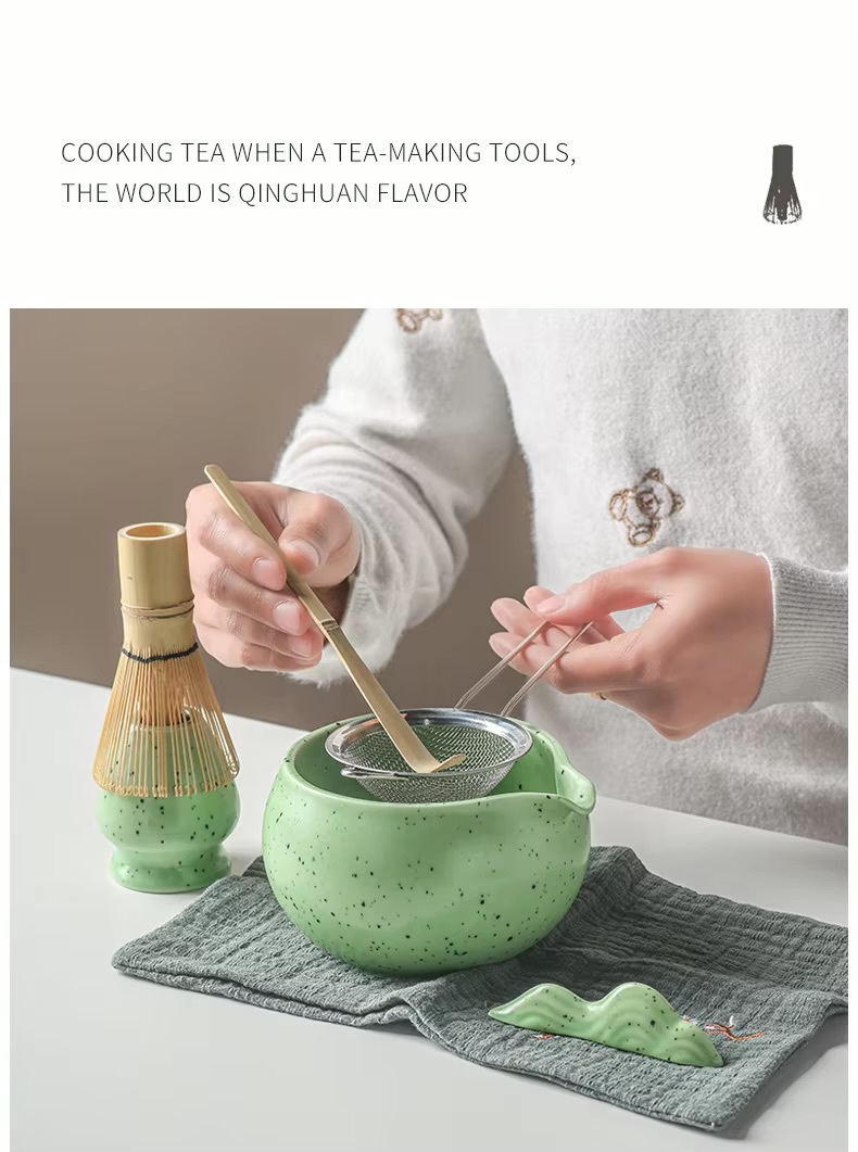 4-8pcs/set Ceramic Matcha Set Tea Bowl Traditional Japanese Tea Making Tools matcha tea-set tea whisk bamboo matcha brush sets in light green