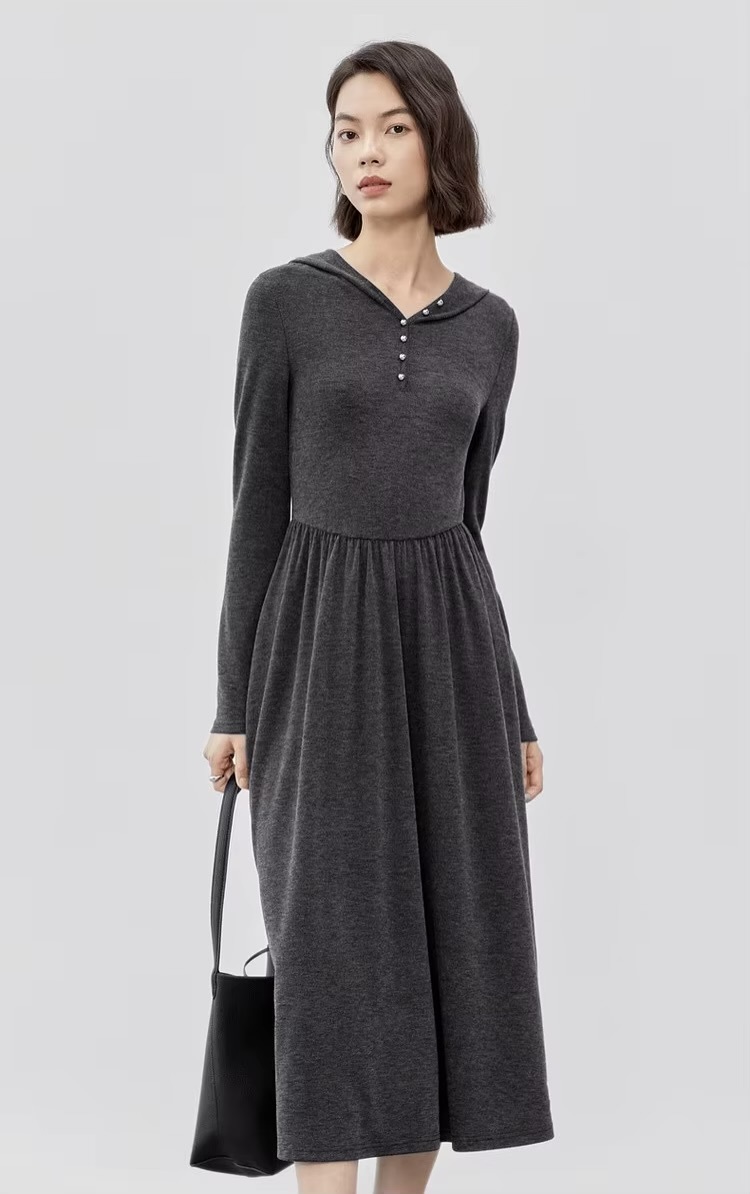 Comfort Hooded Dress    Women’s regular fit and flare button-up front casual knit long sleeves long natural waistline folds pleats mid-calf dresses for woman in Gray  Female Fall Autumn Spring womens fashion viscose-blend grey pleated knitwear #143L56787