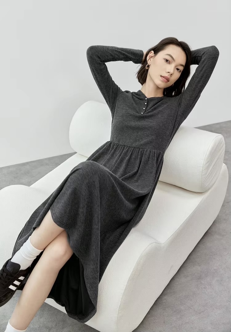 Comfort Hooded Dress    Women’s regular fit and flare button-up front casual knit long sleeves long natural waistline folds pleats mid-calf dresses for woman in Gray  Female Fall Autumn Spring womens fashion viscose-blend grey pleated knitwear #143L56787