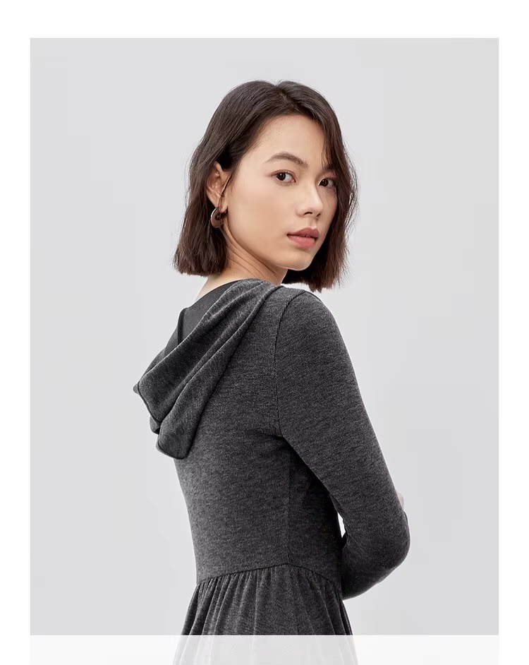 Comfort Hooded Dress    Women’s regular fit and flare button-up front casual knit long sleeves long natural waistline folds pleats mid-calf dresses for woman in Gray  Female Fall Autumn Spring womens fashion viscose-blend grey pleated knitwear #143L56787