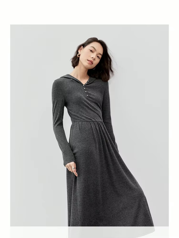 Comfort Hooded Dress    Women’s regular fit and flare button-up front casual knit long sleeves long natural waistline folds pleats mid-calf dresses for woman in Gray  Female Fall Autumn Spring womens fashion viscose-blend grey pleated knitwear #143L56787