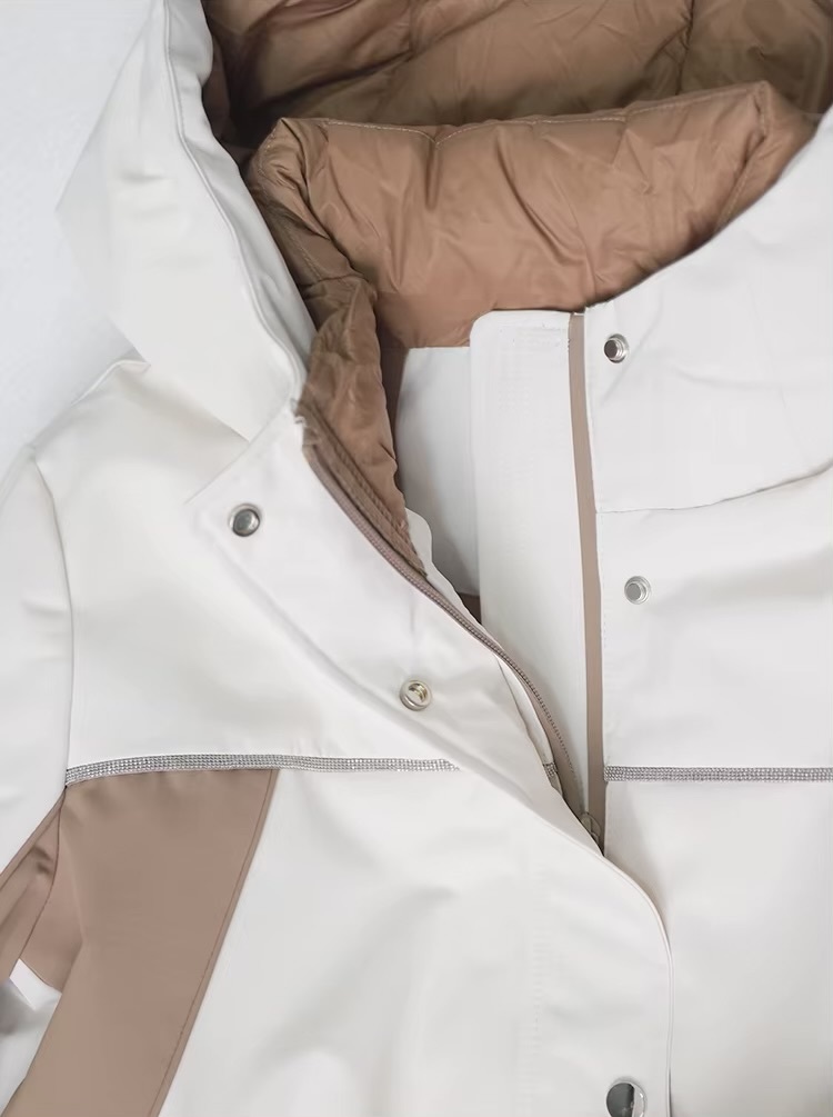 Women&rsquo;s woman womens petite-, tall-, plus-, size Light Luxury High-quality Elegant Winter commute wfh office workwear evening party stand neck collar button close patch pockets hooded white goose down Jacket Coat outwear Outerwear Coats in Moonlight white with khaki beige trim color