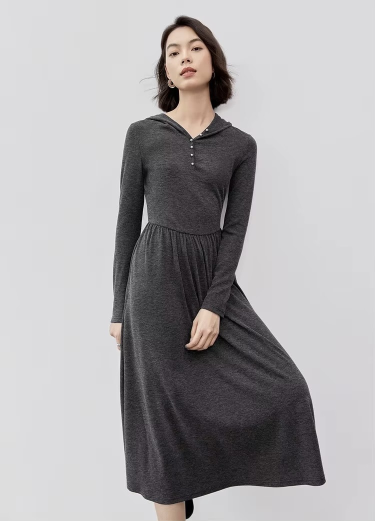Comfort Hooded Dress    Women’s regular fit and flare button-up front casual knit long sleeves long natural waistline folds pleats mid-calf dresses for woman in Gray  Female Fall Autumn Spring womens fashion viscose-blend grey pleated knitwear #143L56787