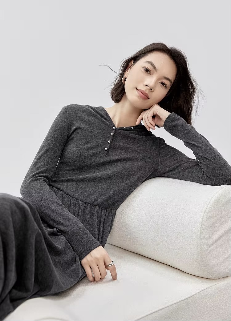 Comfort Hooded Dress    Women’s regular fit and flare button-up front casual knit long sleeves long natural waistline folds pleats mid-calf dresses for woman in Gray  Female Fall Autumn Spring womens fashion viscose-blend grey pleated knitwear #143L56787