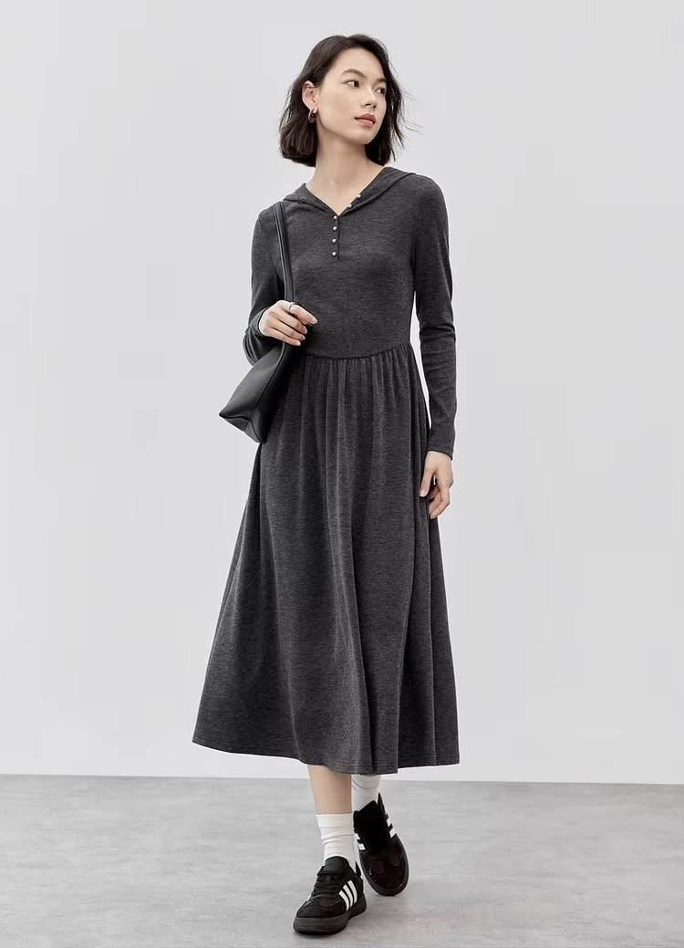 Comfort Hooded Dress    Women’s regular fit and flare button-up front casual knit long sleeves long natural waistline folds pleats mid-calf dresses for woman in Gray  Female Fall Autumn Spring womens fashion viscose-blend grey pleated knitwear #143L56787