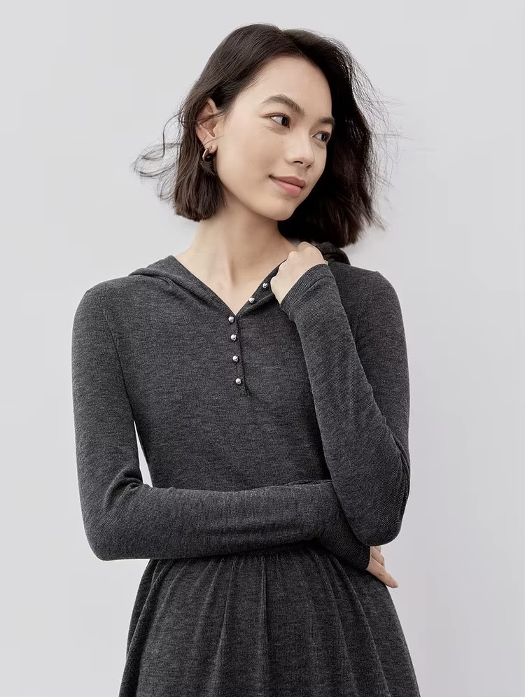 Comfort Hooded Dress    Women’s regular fit and flare button-up front casual knit long sleeves long natural waistline folds pleats mid-calf dresses for woman in Gray  Female Fall Autumn Spring womens fashion viscose-blend grey pleated knitwear #143L56787