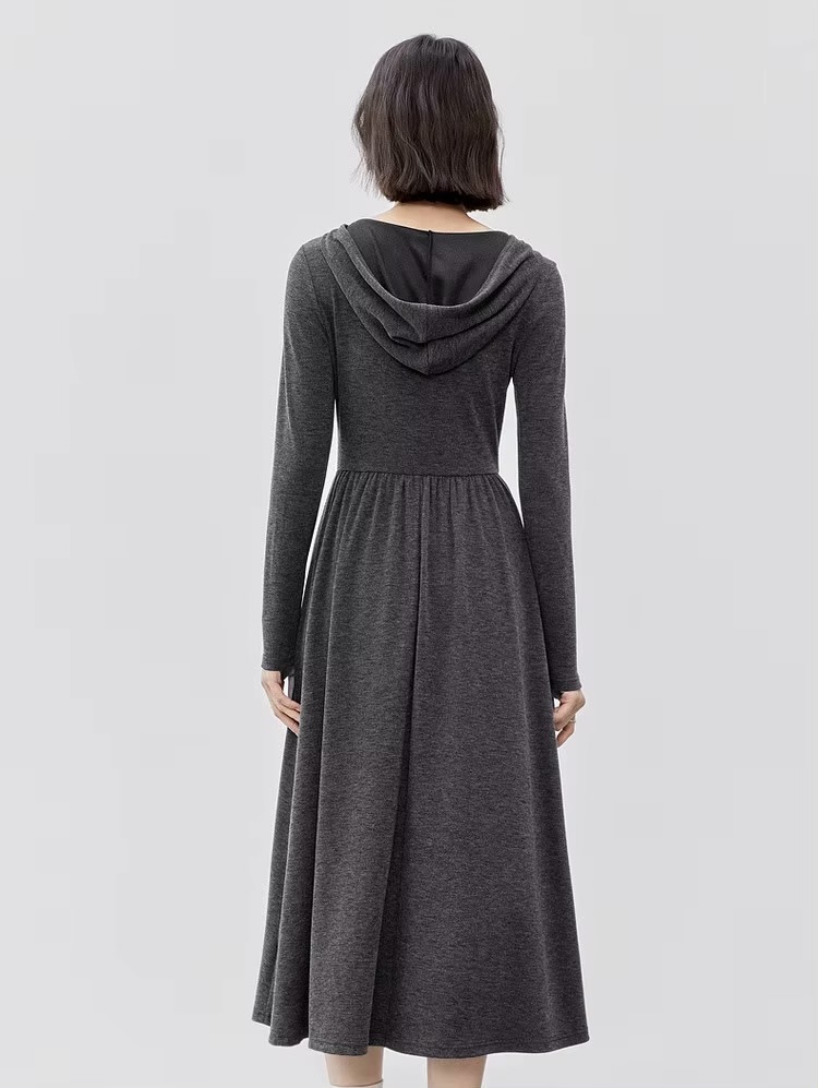 Comfort Hooded Dress    Women’s regular fit and flare button-up front casual knit long sleeves long natural waistline folds pleats mid-calf dresses for woman in Gray  Female Fall Autumn Spring womens fashion viscose-blend grey pleated knitwear #143L56787