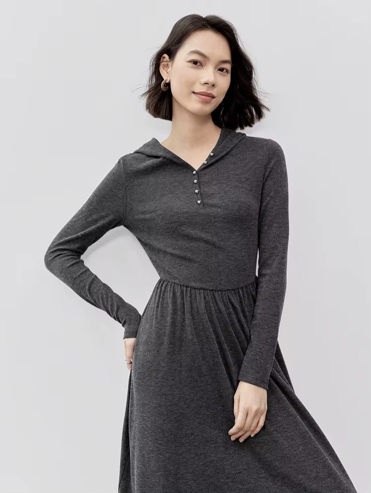 Comfort Hooded Dress    Women’s regular fit and flare button-up front casual knit long sleeves long natural waistline folds pleats mid-calf dresses for woman in Gray  Female Fall Autumn Spring womens fashion viscose-blend grey pleated knitwear #143L56787