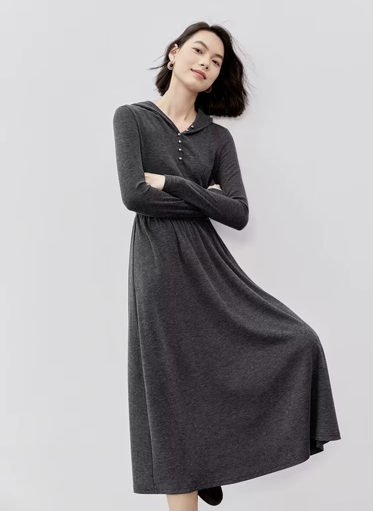 Comfort Hooded Dress    Women’s regular fit and flare button-up front casual knit long sleeves long natural waistline folds pleats mid-calf dresses for woman in Gray  Female Fall Autumn Spring womens fashion viscose-blend grey pleated knitwear #143L56787