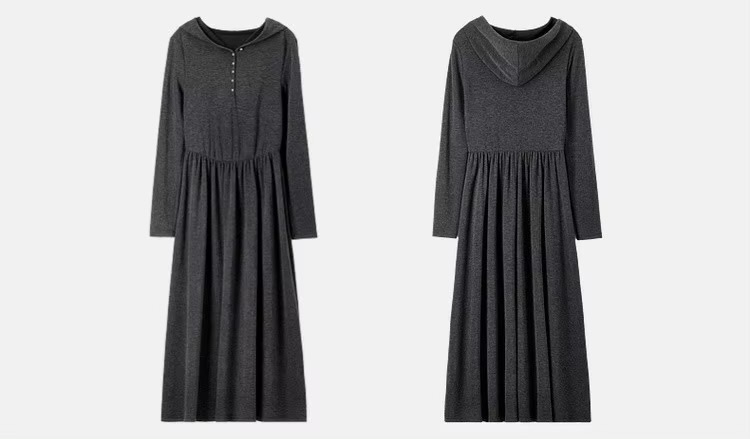 Comfort Hooded Dress    Women’s regular fit and flare button-up front casual knit long sleeves long natural waistline folds pleats mid-calf dresses for woman in Gray  Female Fall Autumn Spring womens fashion viscose-blend grey pleated knitwear #143L56787