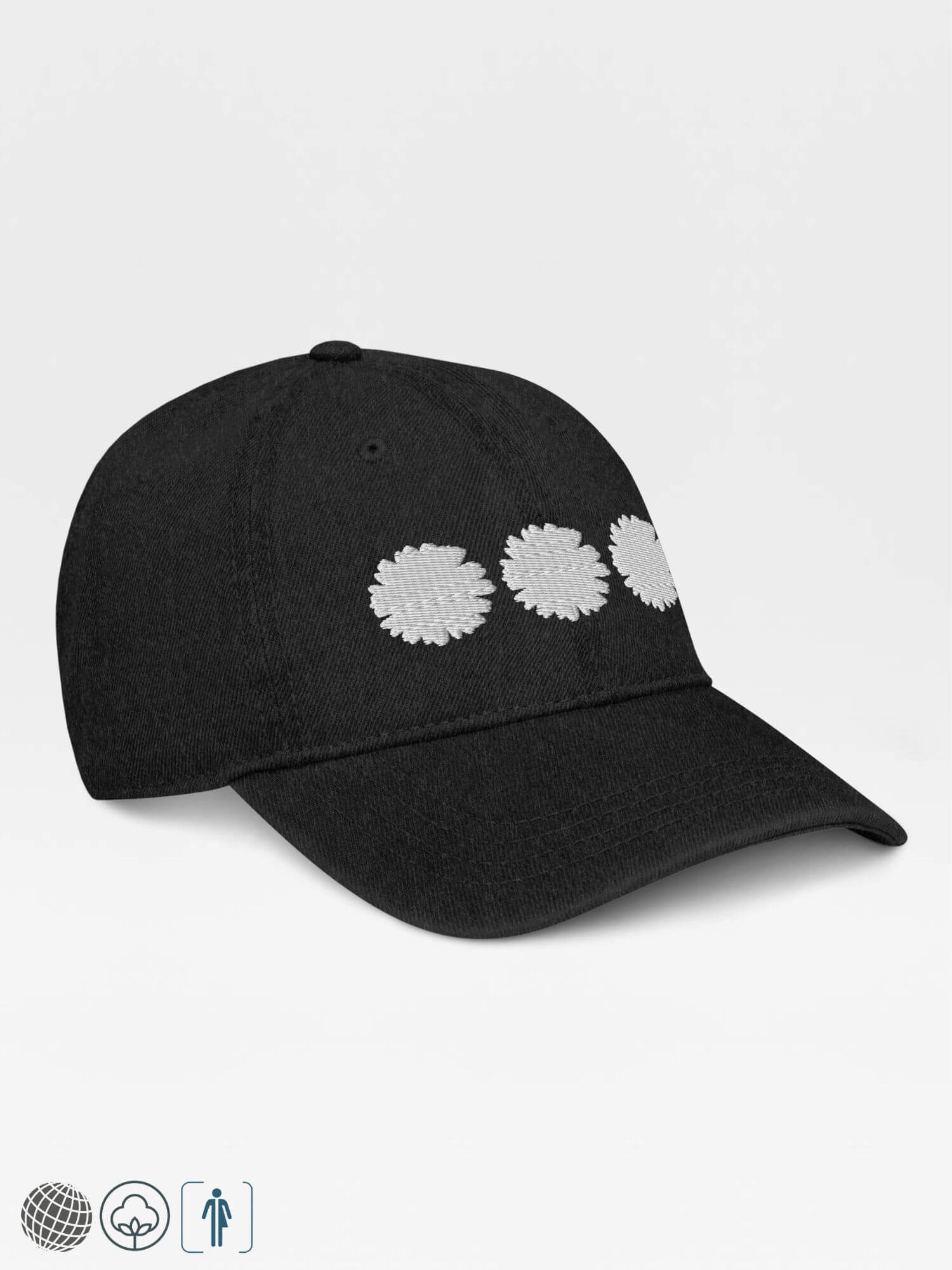 Daisy Denim Hat white Dad hat Genderful 100% cotton washed floral embroidery fashion unisex anywear mens women's everyday wear adjustable strap caps Hats for Man Woman in black with white design men’s womens flowers baseball cap headwear