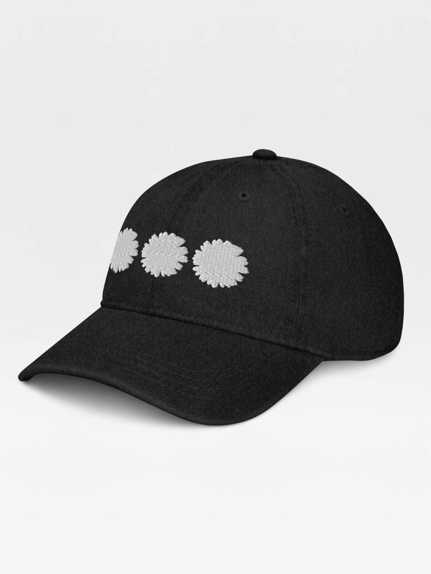 Daisy Denim Hat white Dad hat Genderful 100% cotton washed floral embroidery fashion unisex anywear mens women's everyday wear adjustable strap caps Hats for Man Woman in black with white design men’s womens flowers baseball cap headwear
