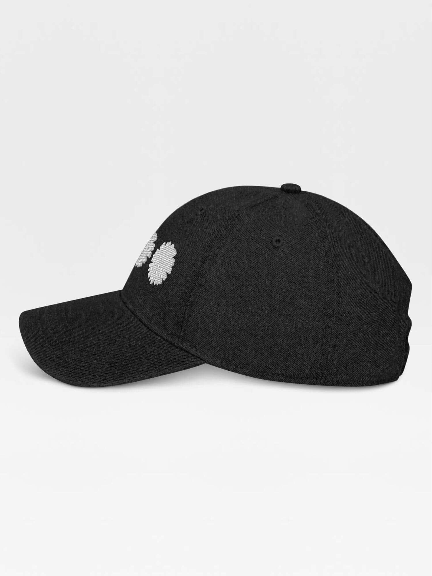 Daisy Denim Hat white Dad hat Genderful 100% cotton washed floral embroidery fashion unisex anywear mens women's everyday wear adjustable strap caps Hats for Man Woman in black with white design men’s womens flowers baseball cap headwear