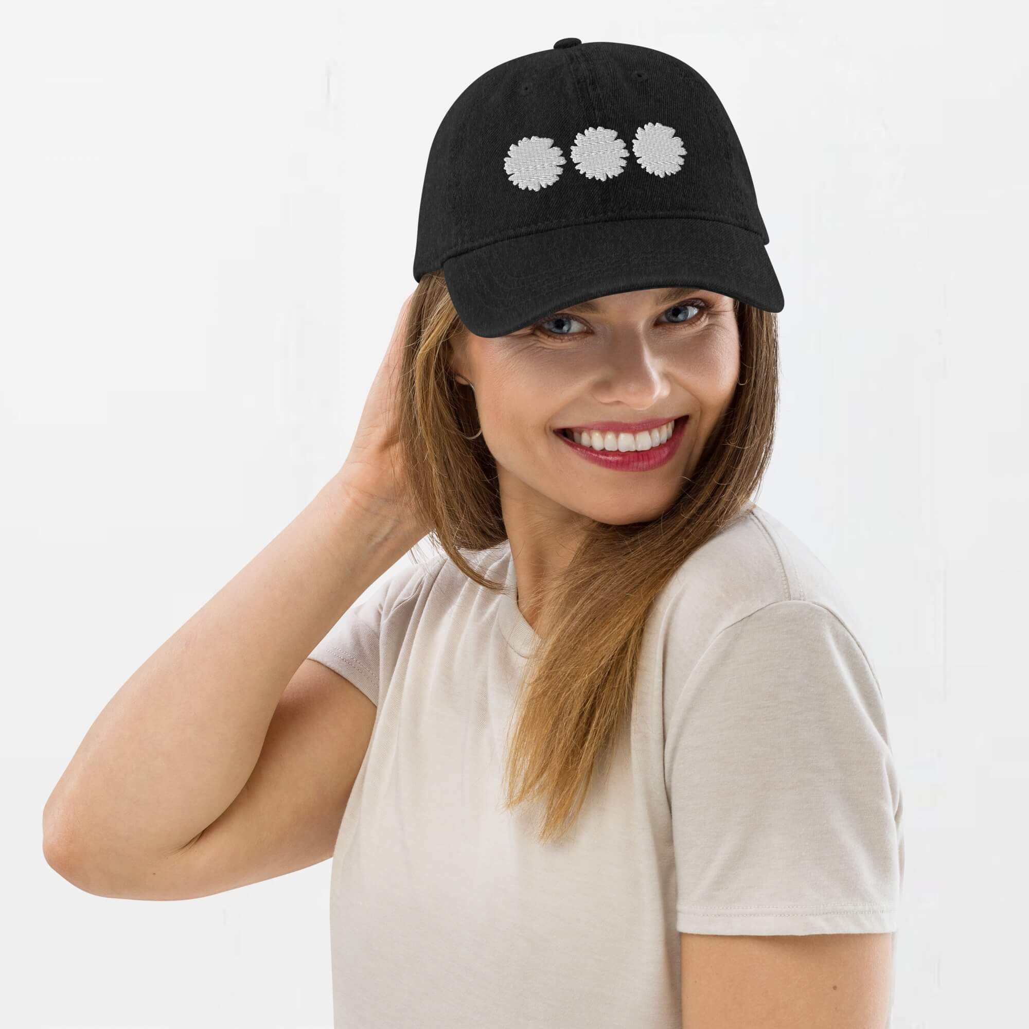 Daisy Denim Hat white Dad hat Genderful 100% cotton washed floral embroidery fashion unisex anywear mens women's everyday wear adjustable strap caps Hats for Man Woman in black with white design men’s womens flowers baseball cap headwear