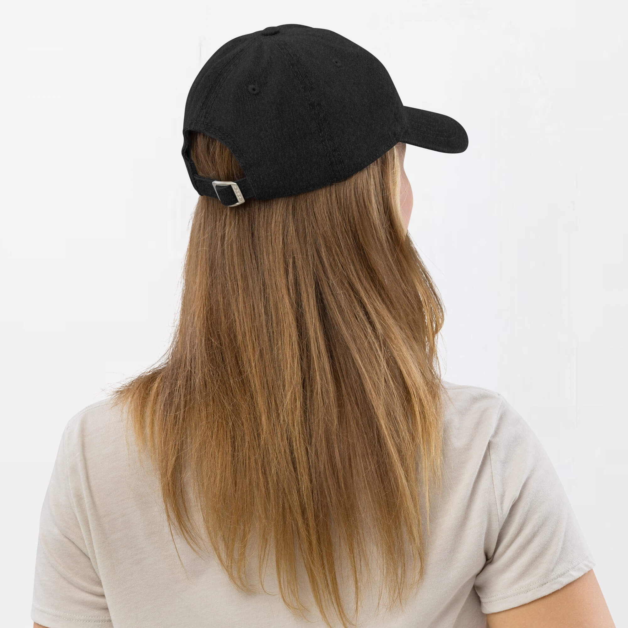 Daisy Denim Hat white Dad hat Genderful 100% cotton washed floral embroidery fashion unisex anywear mens women's everyday wear adjustable strap caps Hats for Man Woman in black with white design men’s womens flowers baseball cap headwear