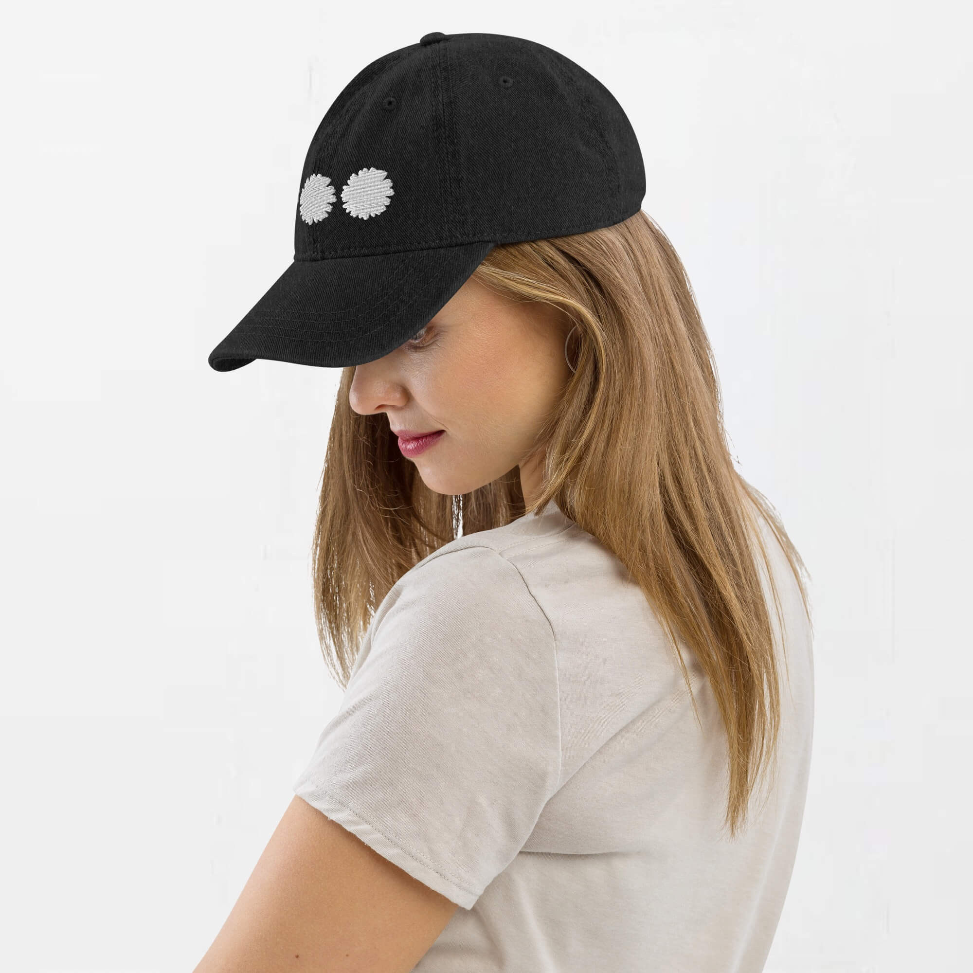 Daisy Denim Hat white Dad hat Genderful 100% cotton washed floral embroidery fashion unisex anywear mens women's everyday wear adjustable strap caps Hats for Man Woman in black with white design men’s womens flowers baseball cap headwear