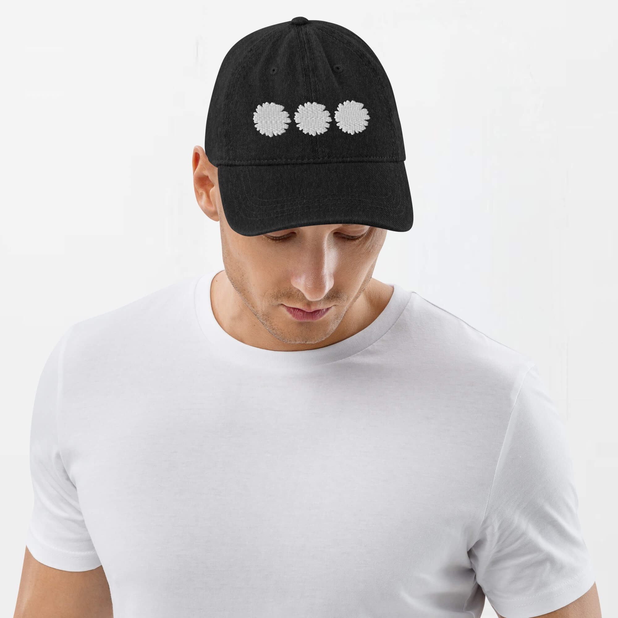 Daisy Denim Hat white Dad hat Genderful 100% cotton washed floral embroidery fashion unisex anywear mens women's everyday wear adjustable strap caps Hats for Man Woman in black with white design men’s womens flowers baseball cap headwear