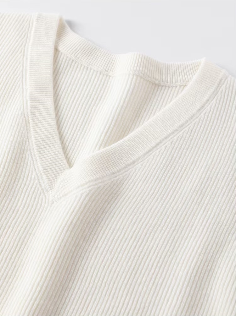 Women’s woman womens petite-, tall-, plus-, size Light Luxury High-Quality long semi-transparent see-through sleeves with adjustable latch button band cuffs v-neck rib-pleated ribbed sweater tops sweaters in white color