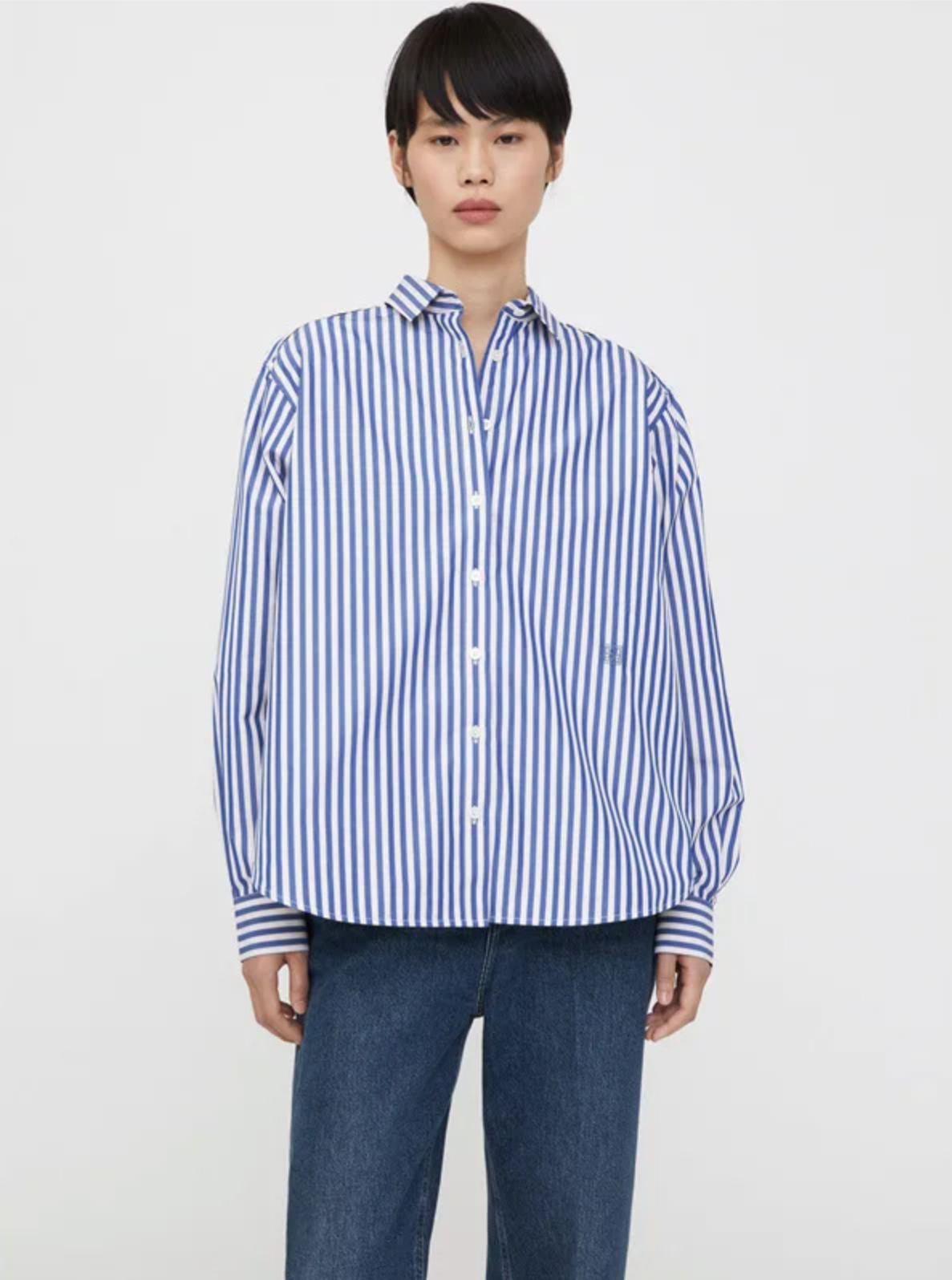 Striped Shirt blue   Women's Spring summer Casual Commuting Workwear Loose Turn-down point Collar Long Sleeves womens petite size cotton A-line Shirts for trendy Woman