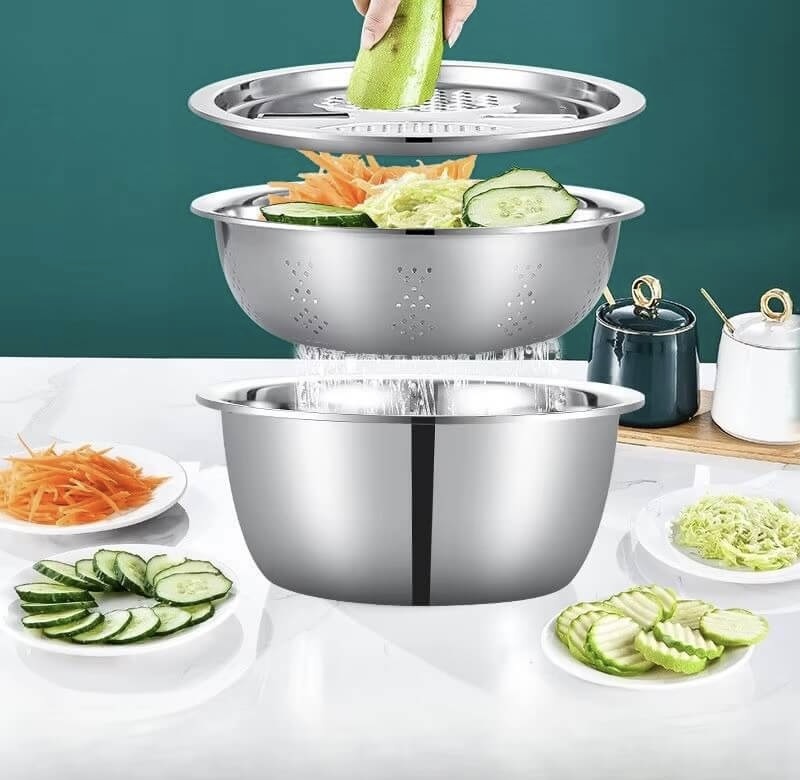 3PCS/1Set Stainless Steel Vegetable Slicer 3-Piece set Potato cheese grater Slicers, Vegetable Washing Basin, Drain Basket, Multifunctional in silver color