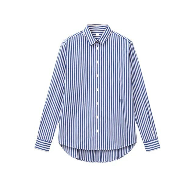 Striped Shirt blue   Women's Spring summer Casual Commuting Workwear Loose Turn-down point Collar Long Sleeves womens petite size cotton A-line Shirts for trendy Woman