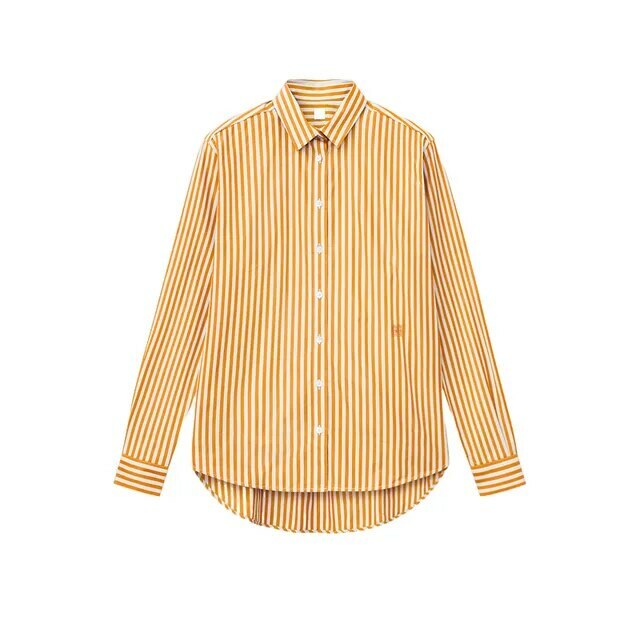 Striped Shirt yellow   Women's Spring summer Casual Commuting Workwear Loose Turn-down point Collar Long Sleeves womens petite size cotton A-line Shirts for trendy Woman