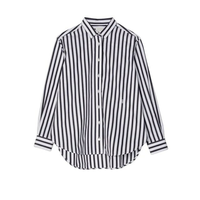 Striped Shirt black   Women's Spring summer Casual Commuting Workwear Loose Turn-down point Collar Long Sleeves womens petite size cotton A-line Shirts for trendy Woman