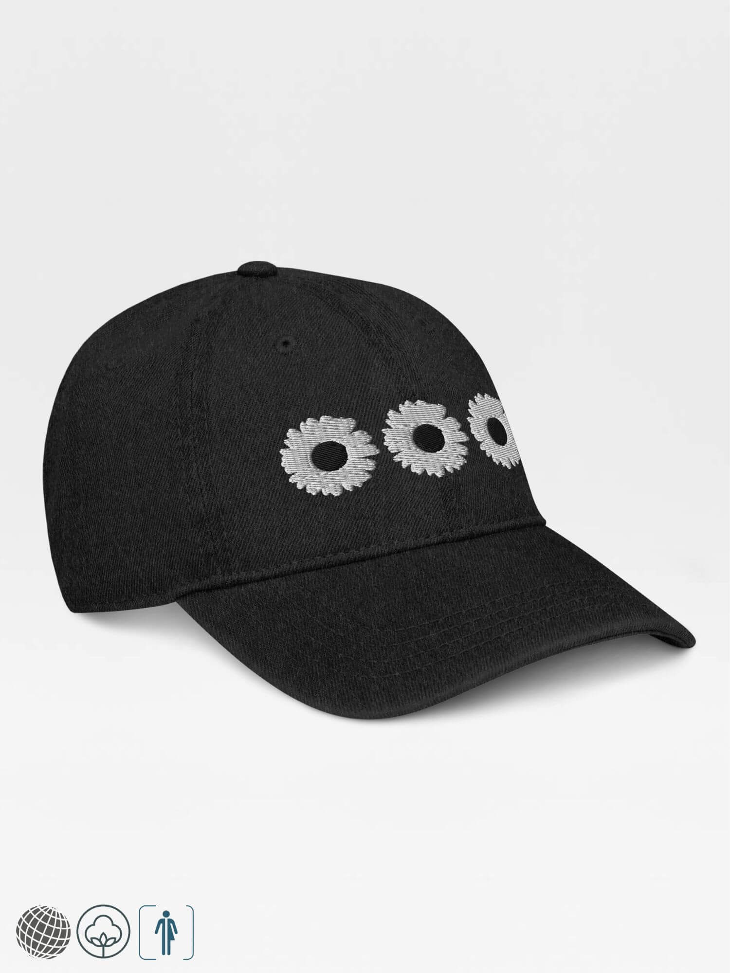Daisy Denim Hat  Dad hat Genderful 100% cotton washed floral embroidery fashion unisex anywear mens women's everyday wear adjustable strap caps Hats for Man Woman in black with white design men’s womens flowers baseball cap headwear