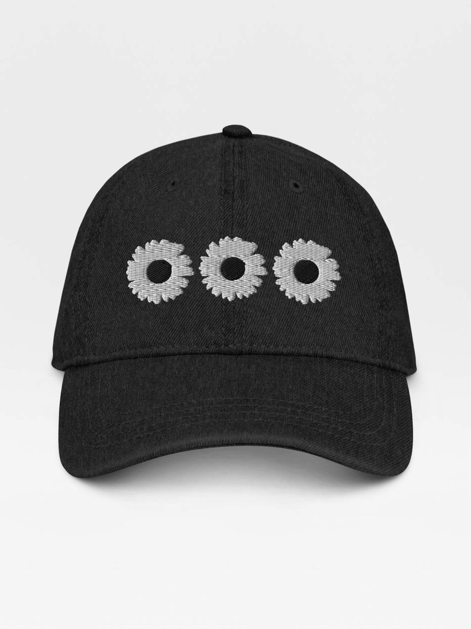 Daisy Denim Hat  Dad hat Genderful 100% cotton washed floral embroidery fashion unisex anywear mens women's everyday wear adjustable strap caps Hats for Man Woman in black with white design men’s womens flowers baseball cap headwear