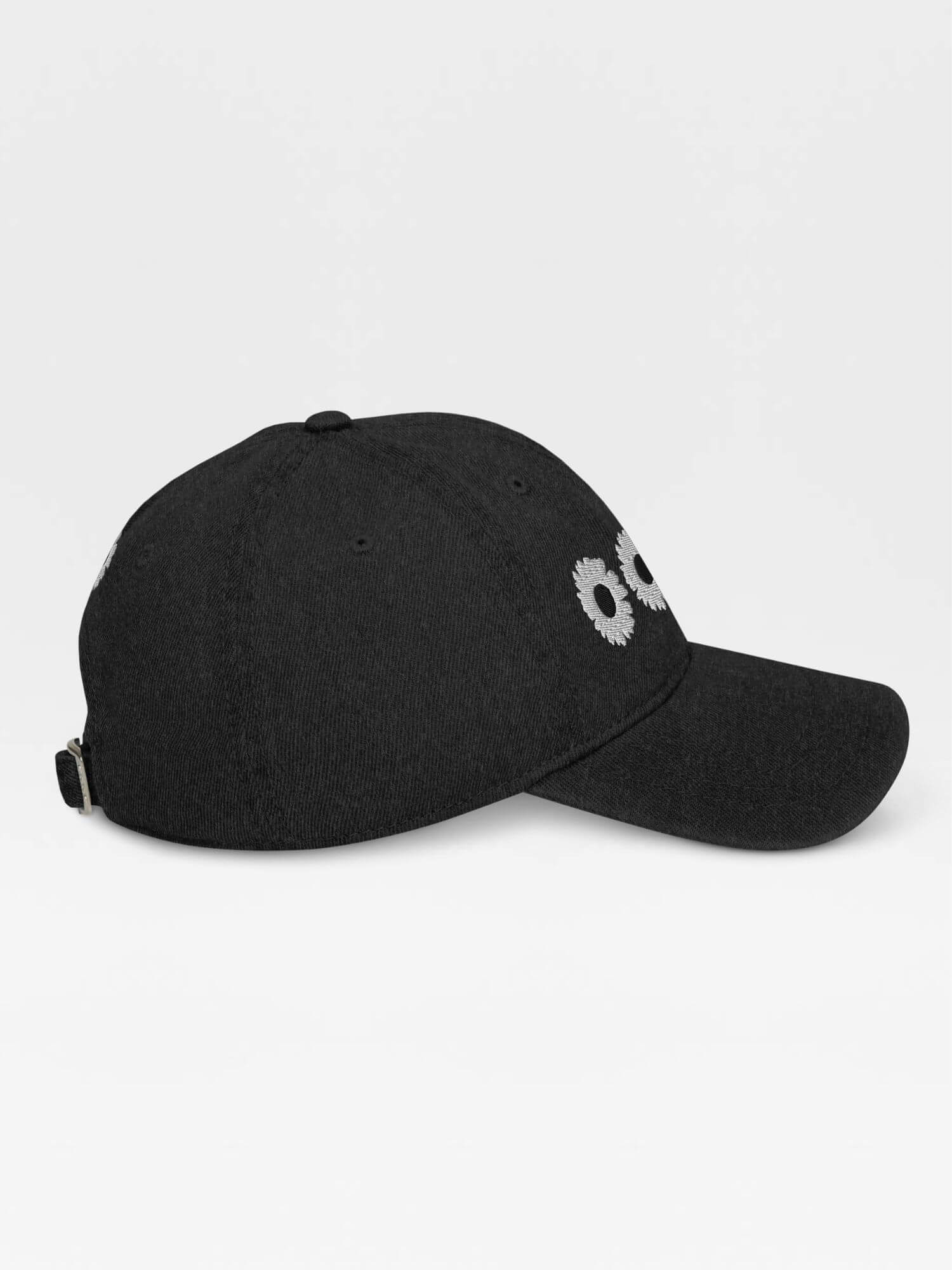 Daisy Denim Hat  Dad hat Genderful 100% cotton washed floral embroidery fashion unisex anywear mens women's everyday wear adjustable strap caps Hats for Man Woman in black with white design men’s womens flowers baseball cap headwear