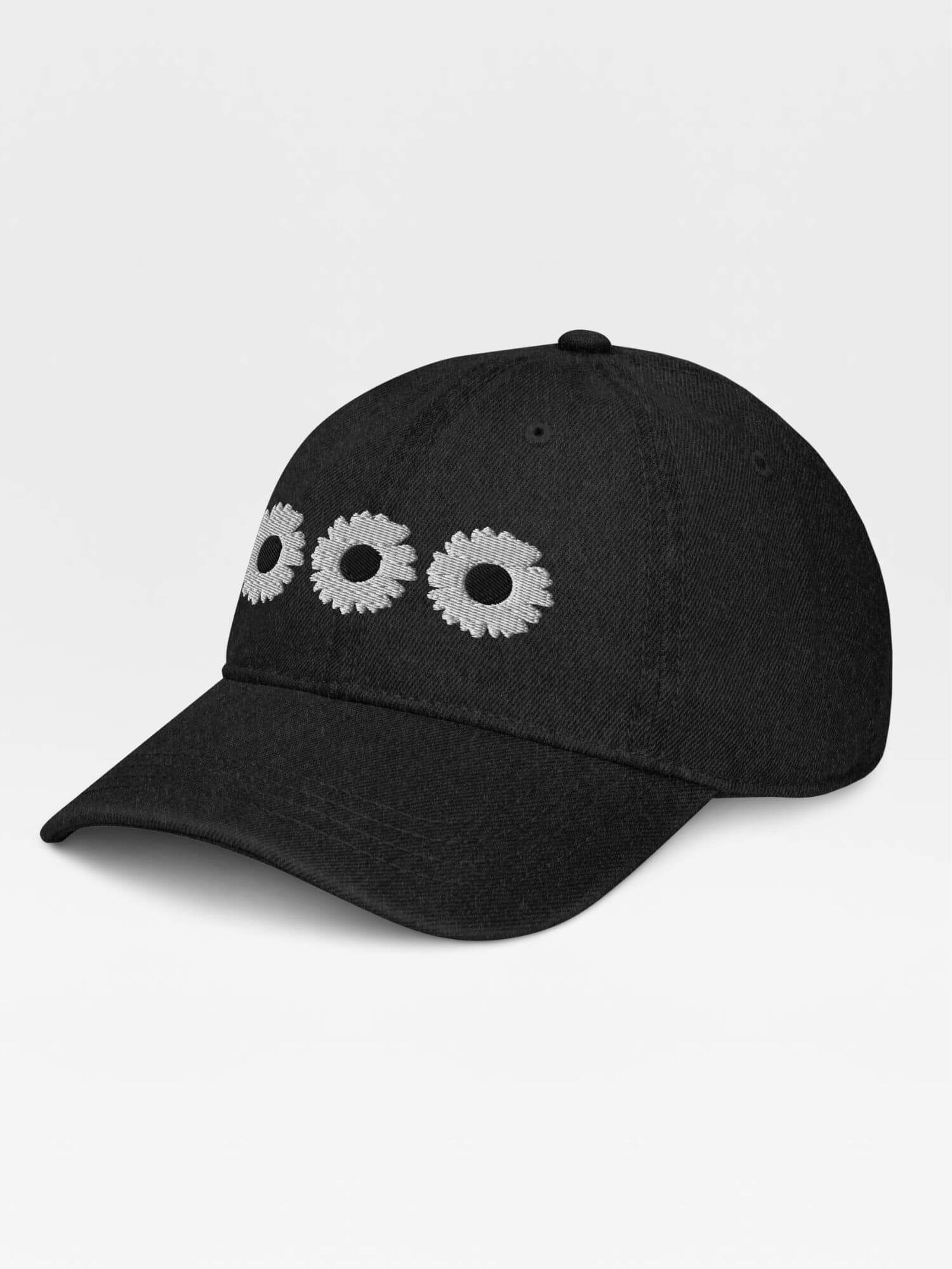 Daisy Denim Hat  Dad hat Genderful 100% cotton washed floral embroidery fashion unisex anywear mens women's everyday wear adjustable strap caps Hats for Man Woman in black with white design men’s womens flowers baseball cap headwear