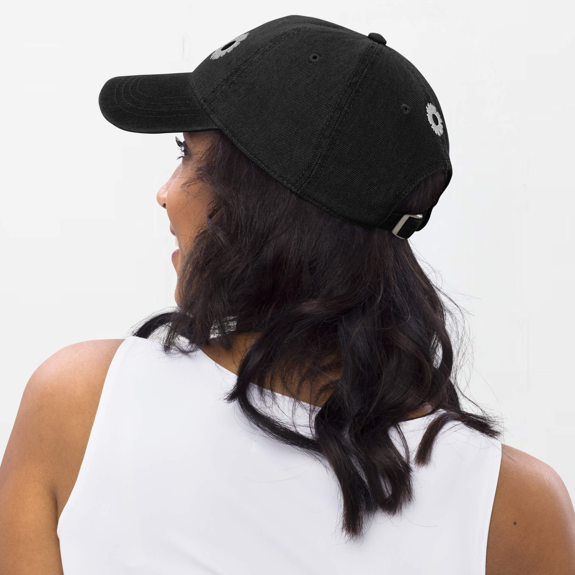 Daisy Denim Hat  Dad hat Genderful 100% cotton washed floral embroidery fashion unisex anywear mens women's everyday wear adjustable strap caps Hats for Man Woman in black with white design men’s womens flowers baseball cap headwear