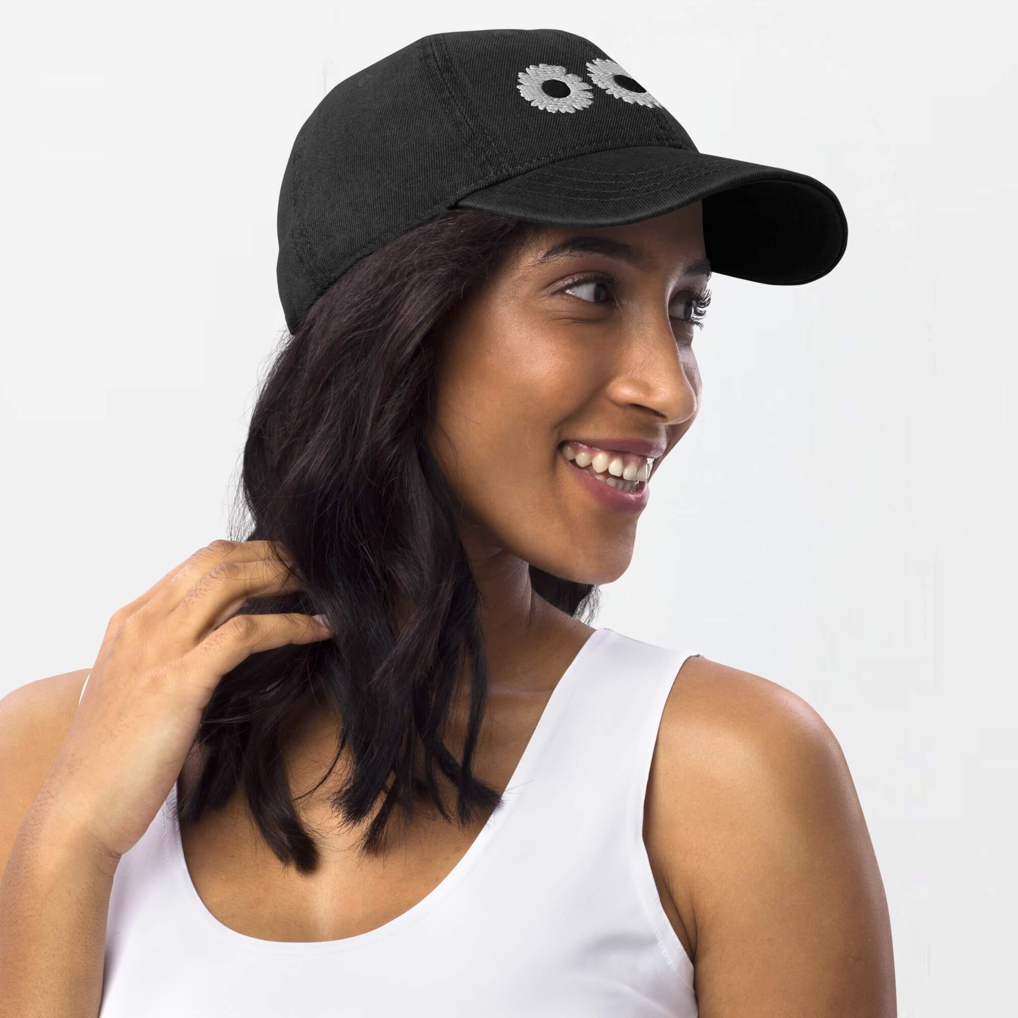 Daisy Denim Hat  Dad hat Genderful 100% cotton washed floral embroidery fashion unisex anywear mens women's everyday wear adjustable strap caps Hats for Man Woman in black with white design men’s womens flowers baseball cap headwear