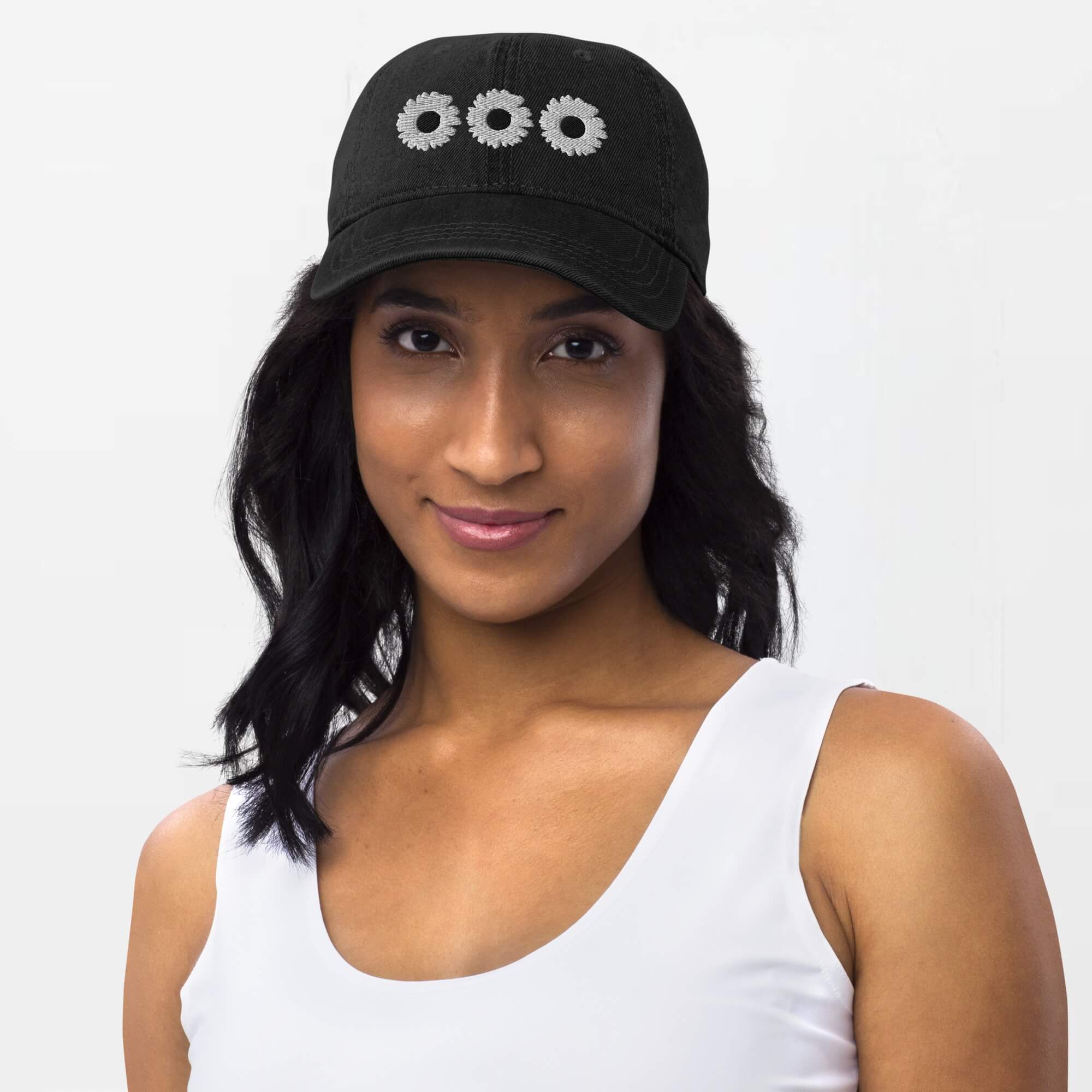 Daisy Denim Hat  Dad hat Genderful 100% cotton washed floral embroidery fashion unisex anywear mens women's everyday wear adjustable strap caps Hats for Man Woman in black with white design men’s womens flowers baseball cap headwear