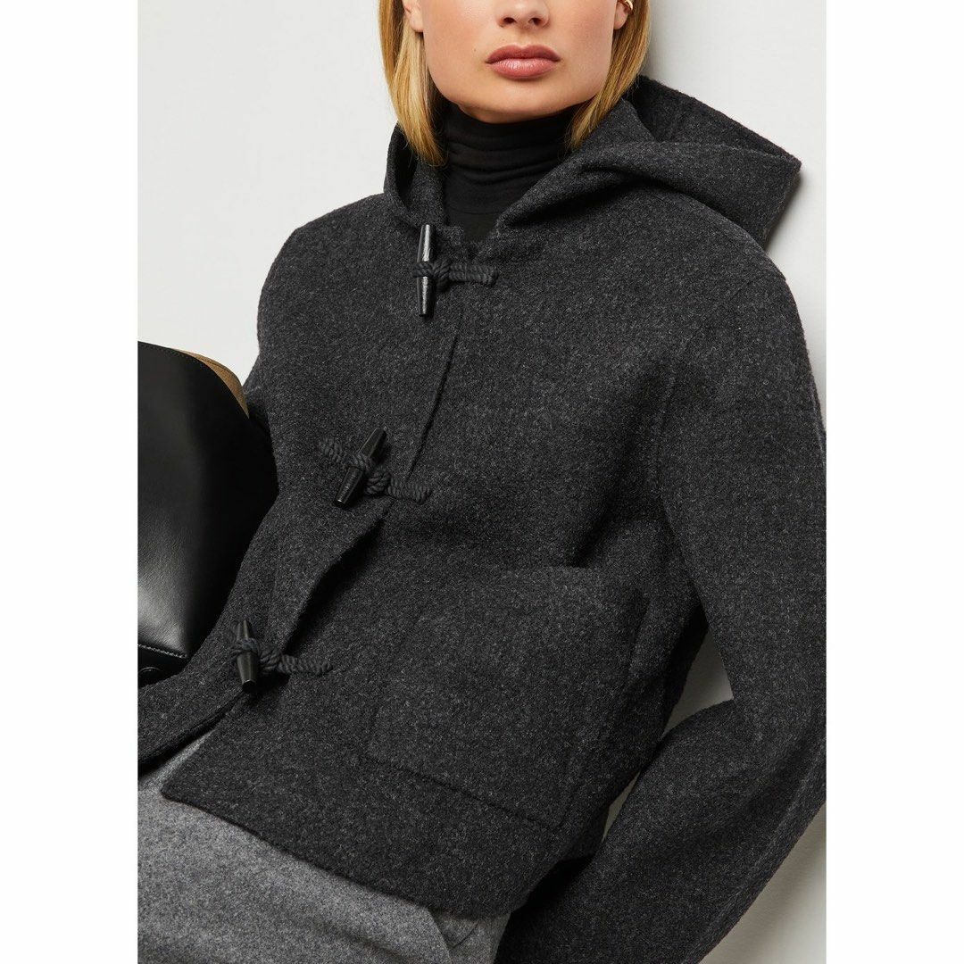 Wool Toggle Coat gray   Autumn Winter Spring Women’s Hooded Wooden Bolt Wool Felt Art womens Jacket Hood woolen Cardigans Duffle Coats Petite size Outerwear for woman in Dark grey