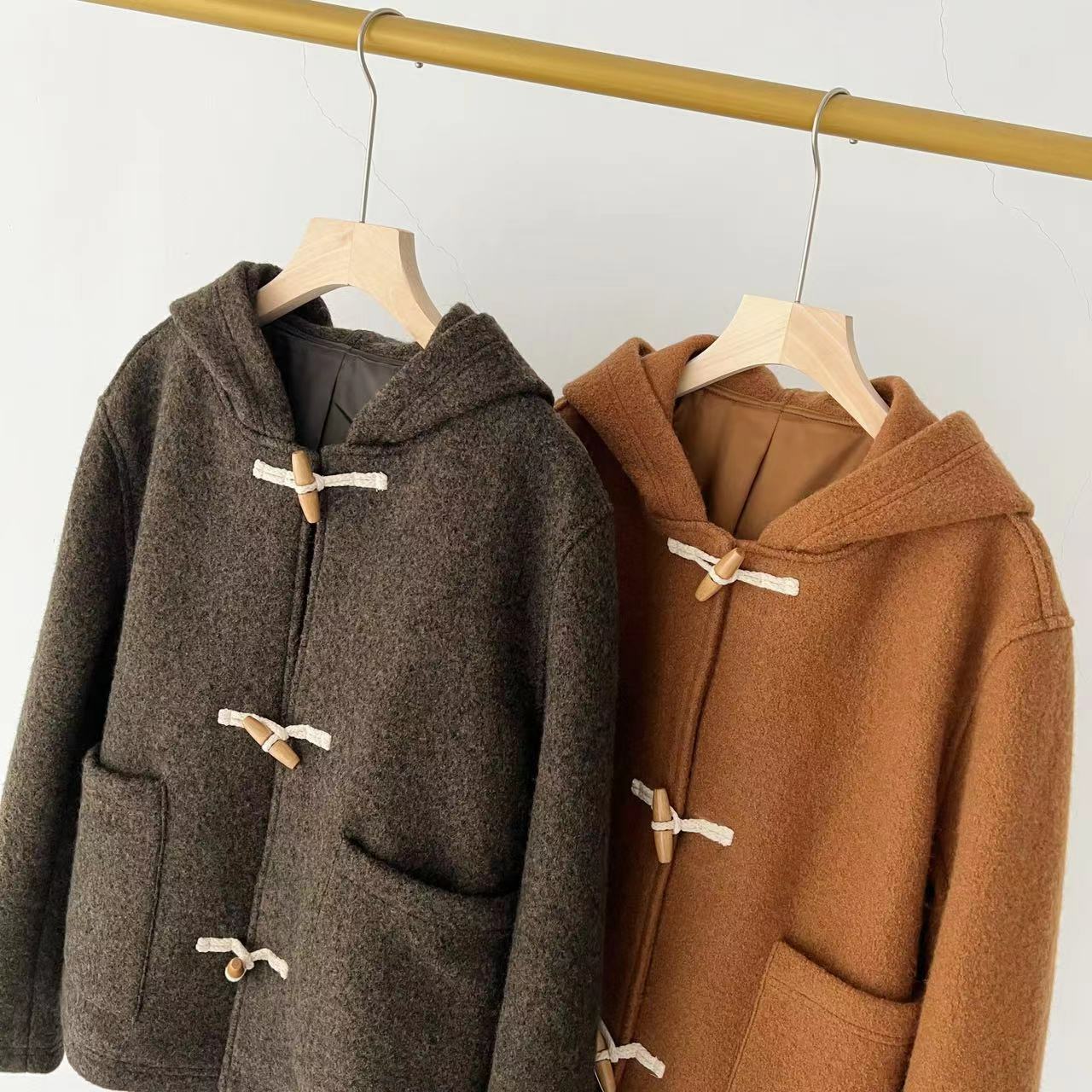 Wool Toggle Coat gray   Autumn Winter Spring Women’s Hooded Wooden Bolt Wool Felt Art womens Jacket Hood woolen Cardigans Duffle Coats Petite size Outerwear for woman in Dark grey, Olive green came;