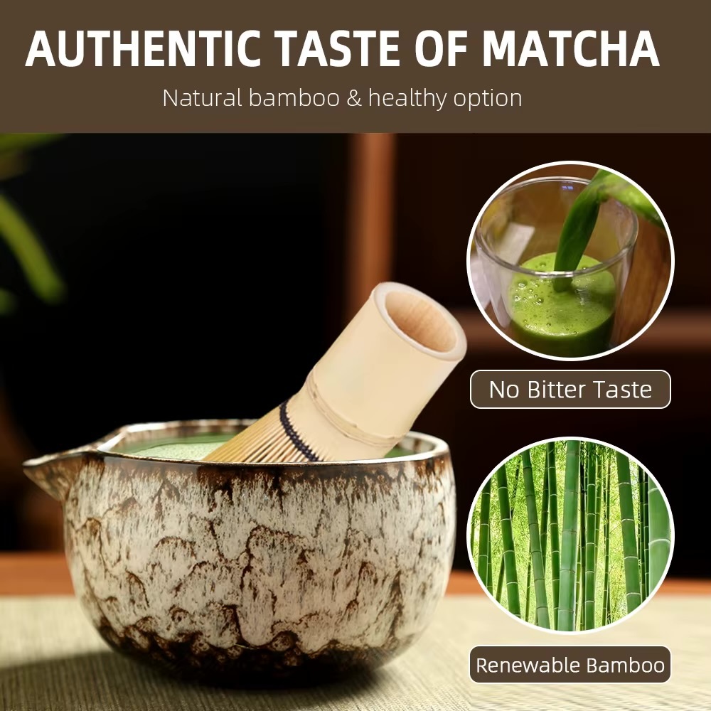 Office restaurant home 6PCS Japanese Ceramic Matcha Set 6-Piece Tea Bowl Traditional Tea Making Tools matcha tea-set tea whisk bamboo matcha brush sets in light brown
