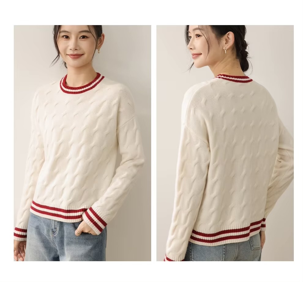 Women&rsquo;s woman womens petite-, tall-, plus-, size Light Luxury High-Quality Australian wool long sleeves with rib band cuffs crewneck round o-neck crew neck ribbed cable knit sweater tops sweaters in cream white color with red accent