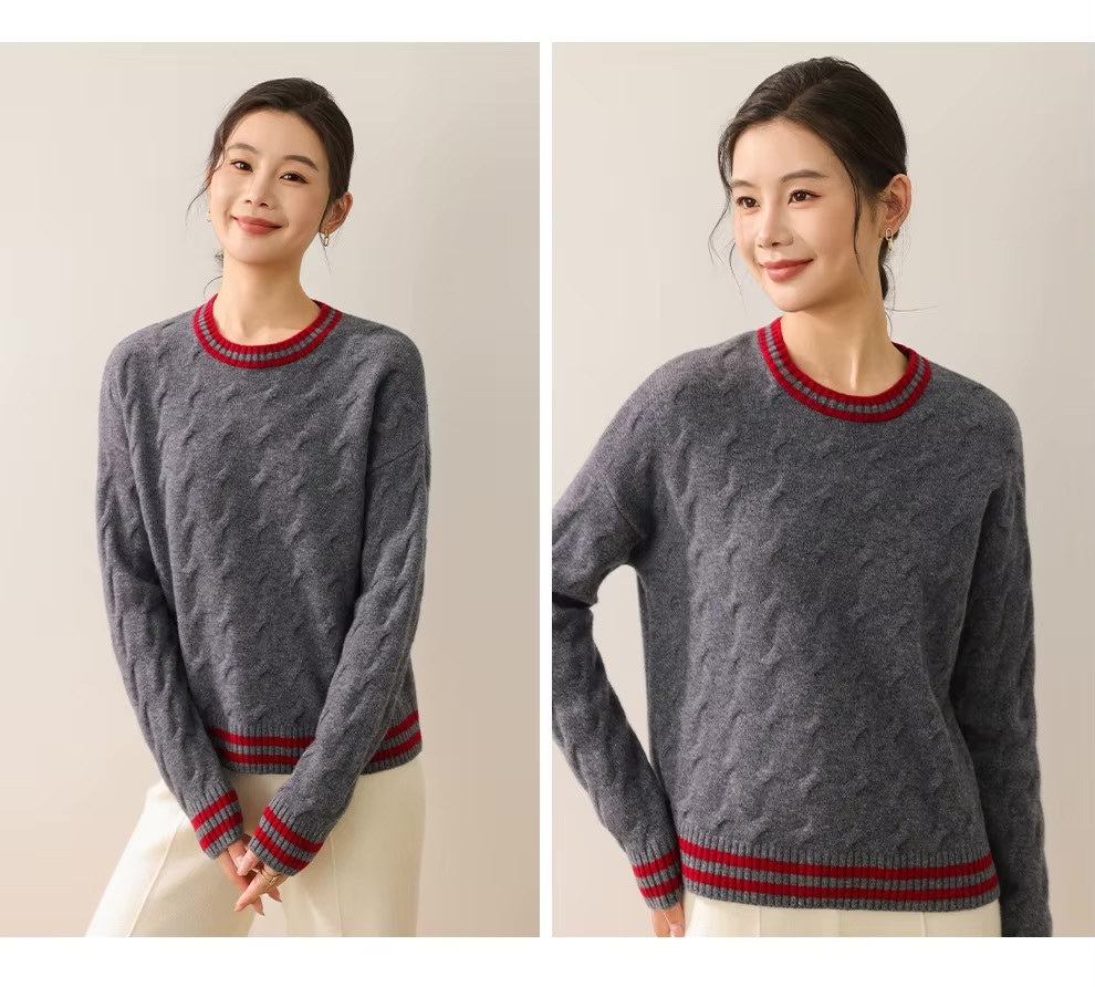 Women&rsquo;s woman womens petite-, tall-, plus-, size Light Luxury High-Quality Australian wool long sleeves with rib band cuffs crewneck round o-neck crew neck ribbed cable knit sweater tops sweaters in Gray grey color with red accent