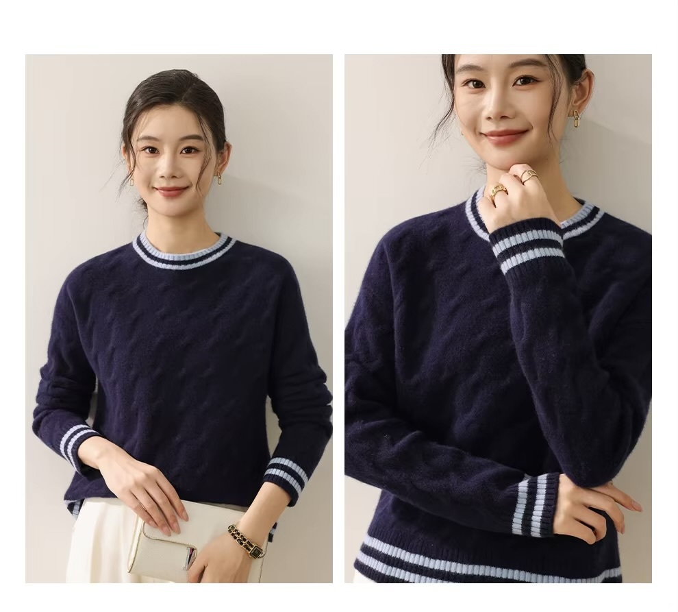 Women&rsquo;s woman womens petite-, tall-, plus-, size Light Luxury High-Quality Australian wool long sleeves with rib band cuffs crewneck round o-neck crew neck ribbed cable knit sweater tops sweaters in dark blue color with light-blue accent