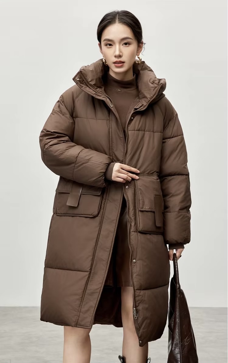 Big Puff Coat     Women’s Winter thick straight hooded geometric cotton quilted parkas solid oversized long sleeves button-up zipper snap button close flap latch seal patch pockets cotton coat for woman in brown Casual mid-length outwear tall-, plus-, size puffer jackets Outerwear coats Female outwear #W44M57388