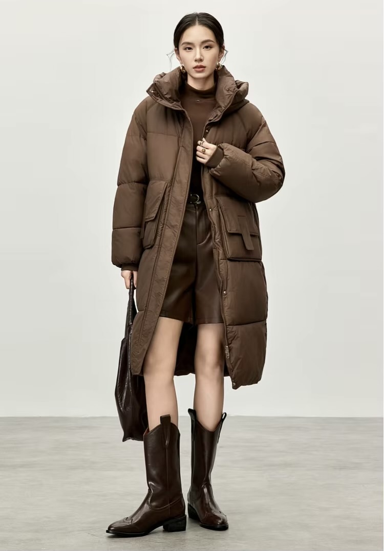 Big Puff Coat     Women’s Winter thick straight hooded geometric cotton quilted parkas solid oversized long sleeves button-up zipper snap button close flap latch seal patch pockets cotton coat for woman in brown Casual mid-length outwear tall-, plus-, size puffer jackets Outerwear coats Female outwear #W44M57388