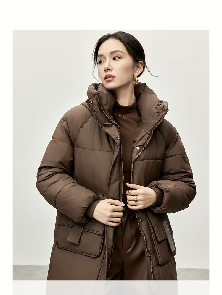 Big Puff Coat     Women’s Winter thick straight hooded geometric cotton quilted parkas solid oversized long sleeves button-up zipper snap button close flap latch seal patch pockets cotton coat for woman in brown Casual mid-length outwear tall-, plus-, size puffer jackets Outerwear coats Female outwear #W44M57388